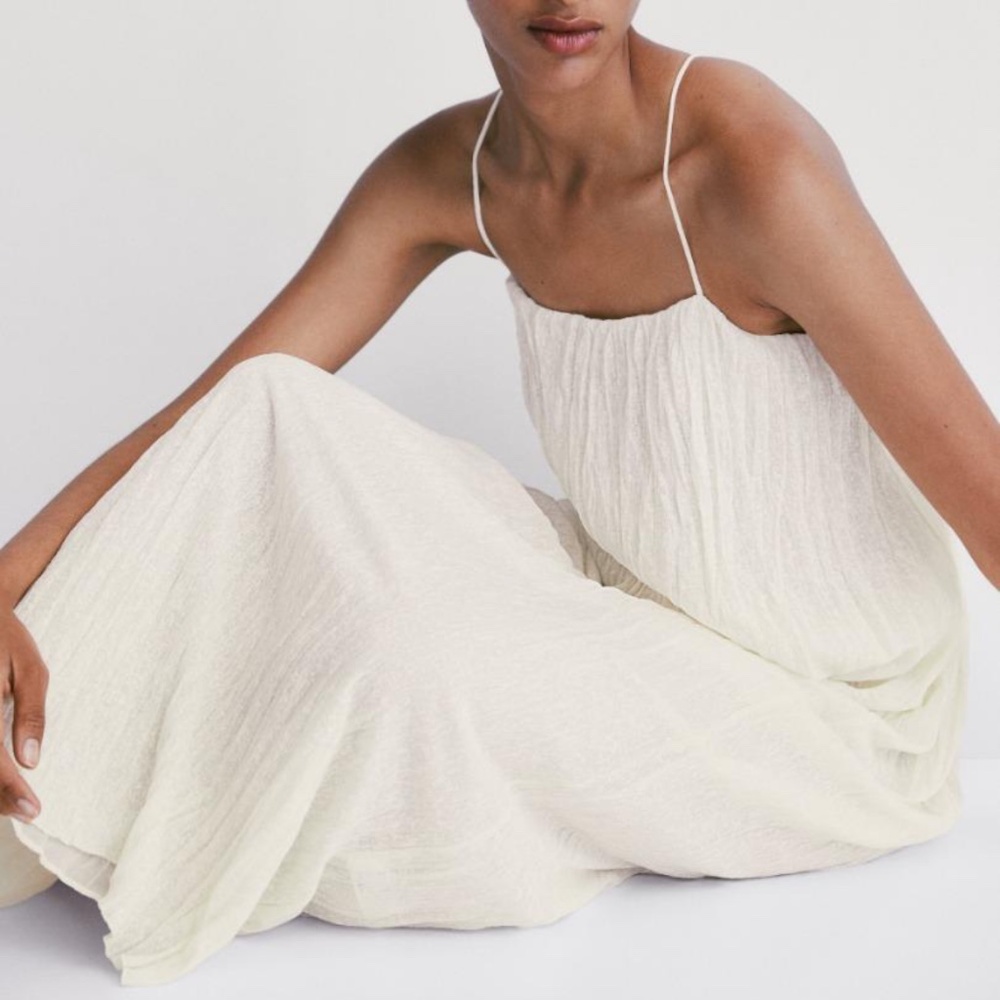 Massimo Dutti Cream Pleated Midi Sundress